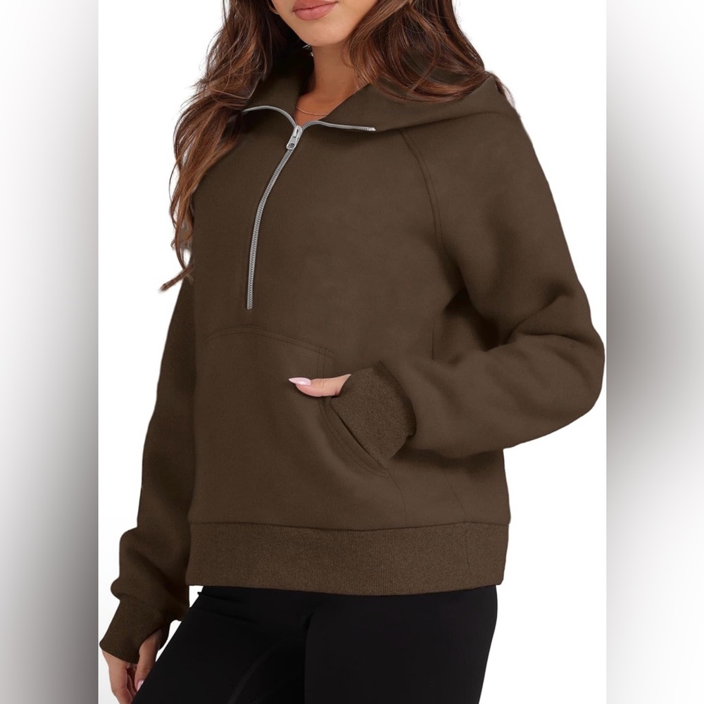 XIEEREDUO | Sweatshirts Half Zip Cropped Pullover Brown Hoodie | Size Large NWOT - Picture 3 of 11